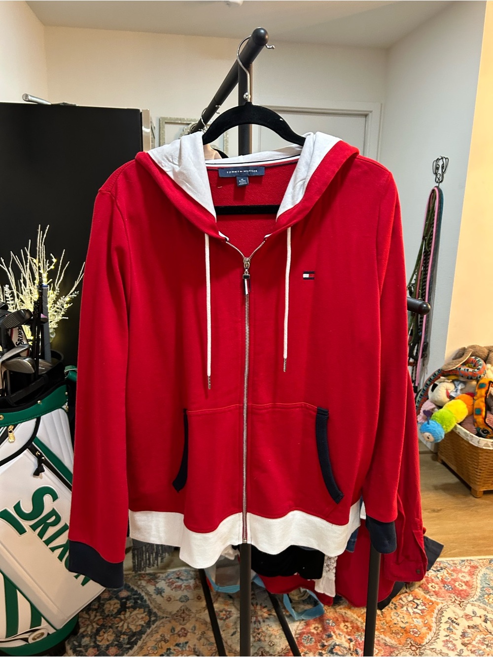 Tommy Hilfiger Red Hooded Zip Jacket with White Trim